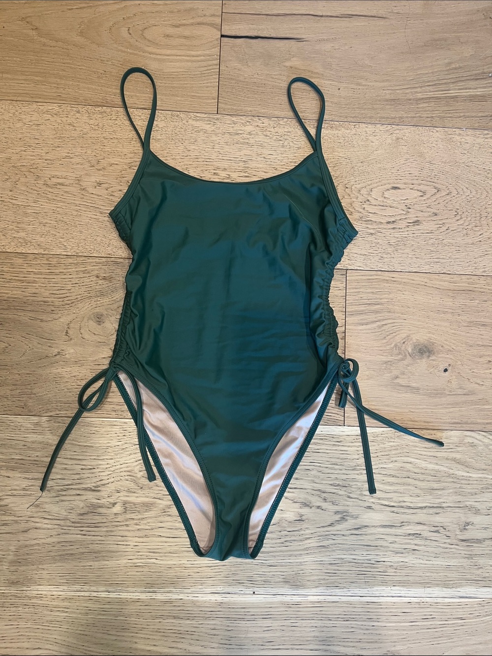 Scoop Neck Dark Green One-Piece Swimsuit with Side Tie Cinch Detail